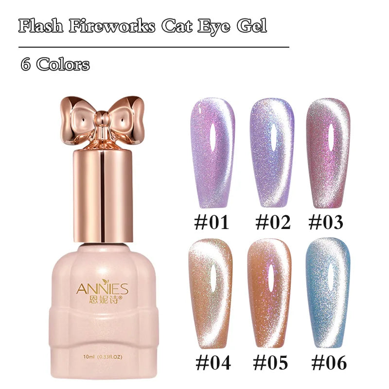 Reflective Cat Eye Gel Nail Polish Magnetic,Semi Permanent Crystal Cat's Eye 6-Color Set