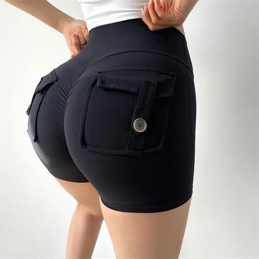 High Waist Back Pocket Fitness Cargo Shorts Workout For Women