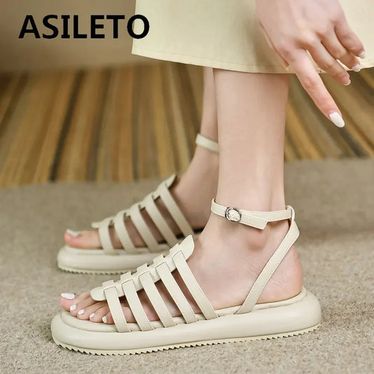 ASILETO Luxry Women Sandals Round Toe Flats Ankle Buckle Strap Soft Concise Casual Daily Female Shoes Solid Plus Size 40 41 42