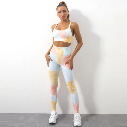 2 Pieces Seamless Tie Dye Suits Leggings Sports Bra For Yoga Workout, Fitness And Cycling