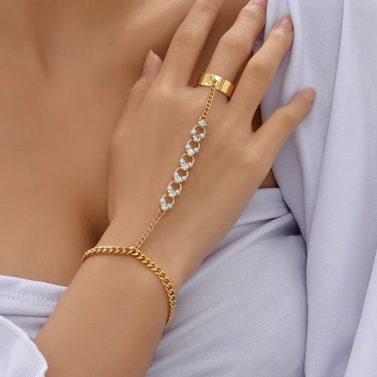Pearl Chain Linked Finger Ring Bracelets For Women